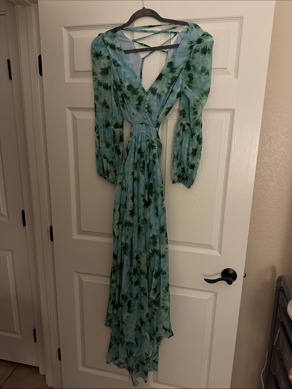Green Tie-Dye Floral Maxi Dress with Crisscross Back